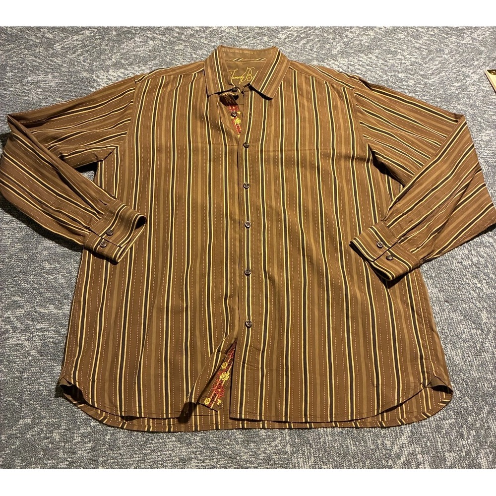 Tommy Bahama Striped Button Down Shirt Mens Medium Brown Embroidered